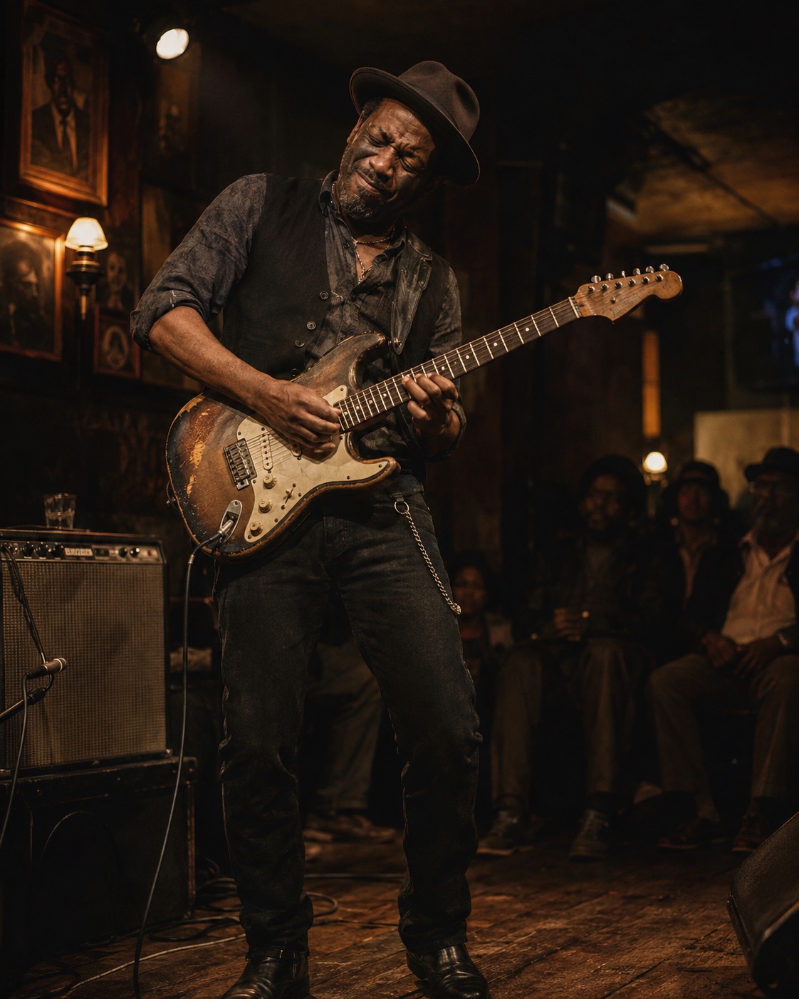 Guitarrista tocando com expressão e intenção em um pequeno clube de Blues