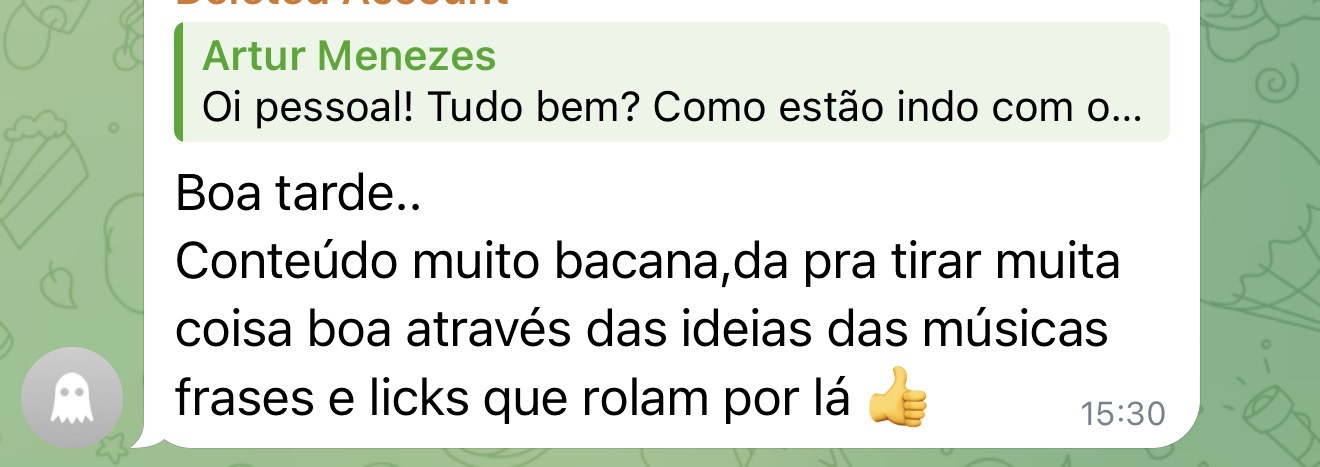 Print de depoimento de aluno do Blues Masters 15